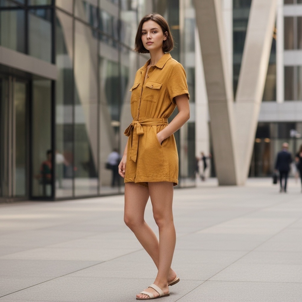 Timing Women’s Romper Mustard Button-Up with Tie Size-M NWT